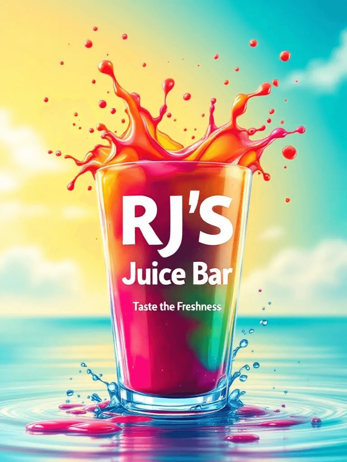 RJ'S Juice Bar & Gaming — colorful fresh juice splashing from a branded cup